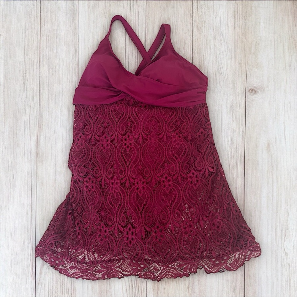 NWOT Swimsuit Womens XL | Burgundy Lace One Piece Swimsuit | Lace Skirt Swimsuit